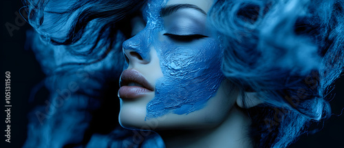 A tight shot of a woman's face, smeared with blue paint Her hair billows in the wind photo