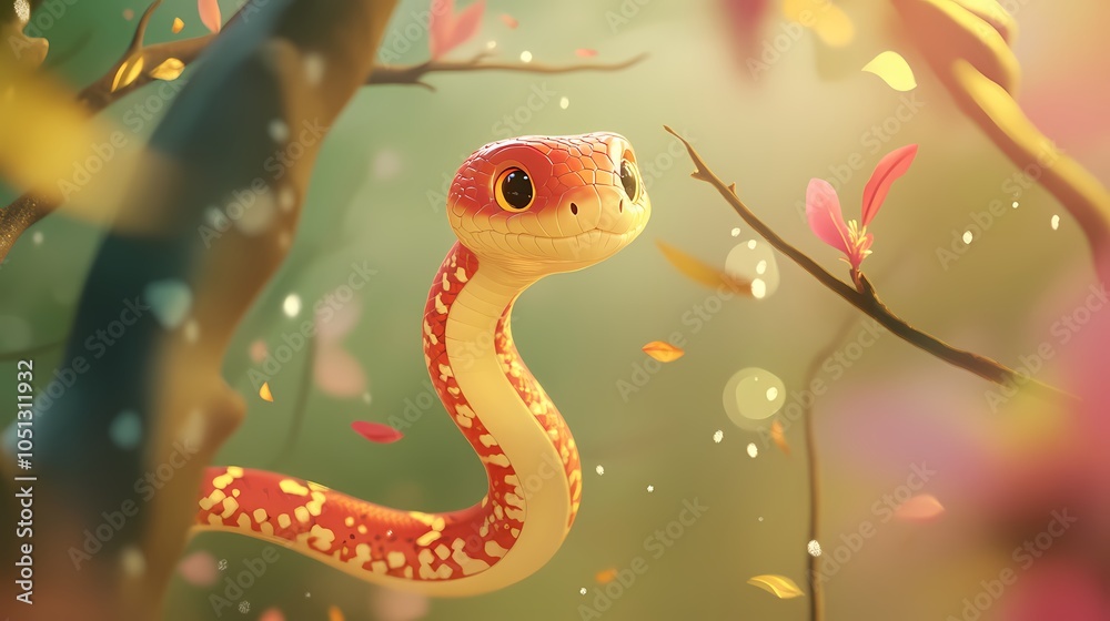 Obraz premium Traditional animation style smiling snake illustration poster background