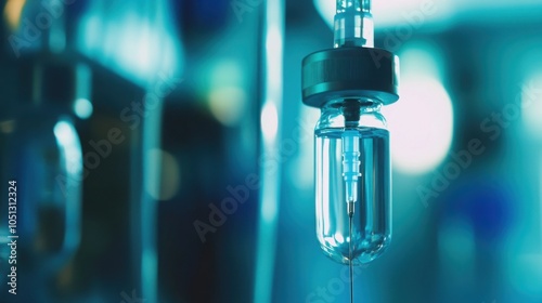 Close-up of the IV line connected to a chemotherapy bag, with the liquid steadily dripping photo