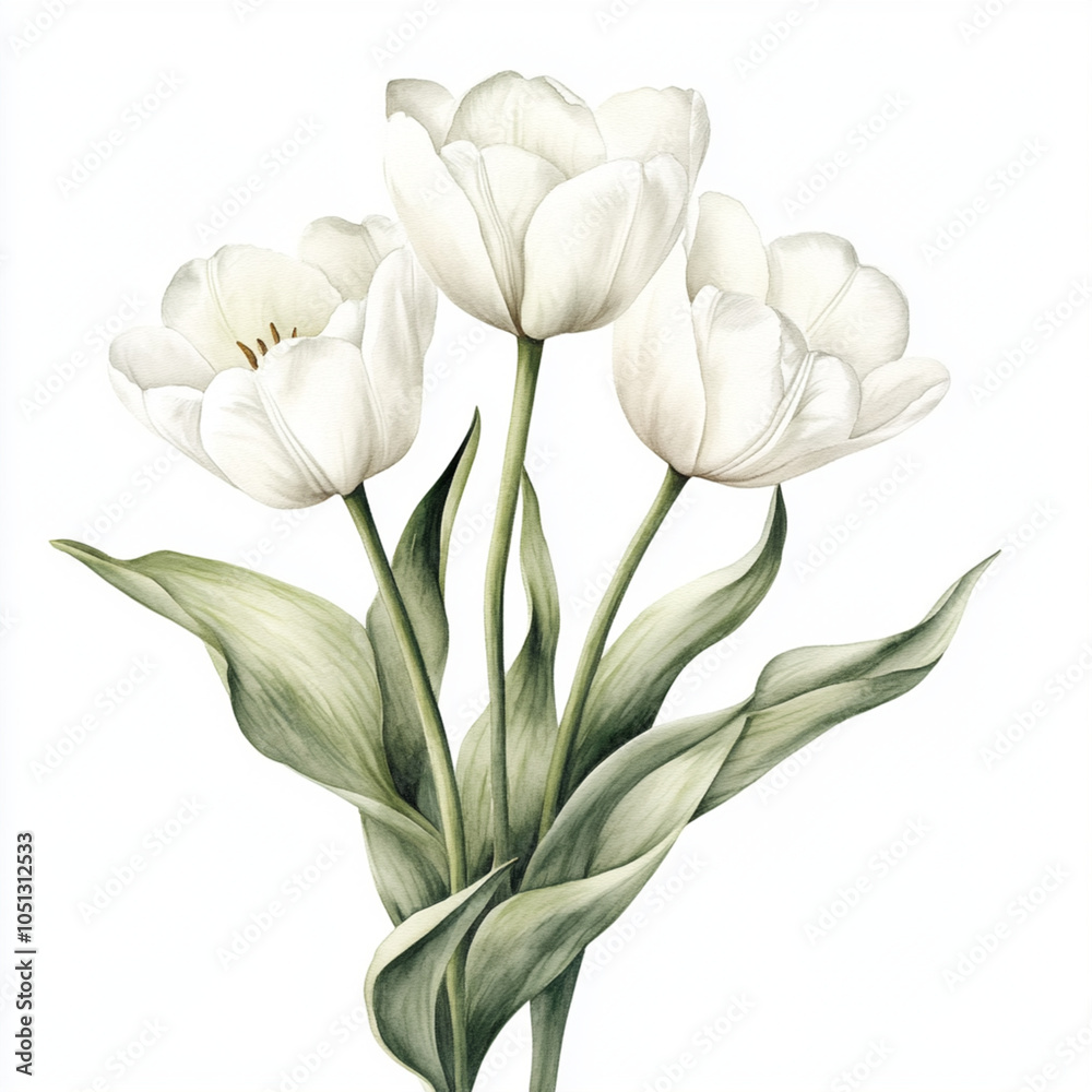 Fototapeta premium White tulips with soft green leaves, minimalistic bouquet, isolated watercolor,Generative AI