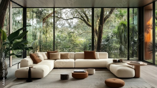 Minimalist living room design with greenery visible through glass walls, perfect space for tranquility.