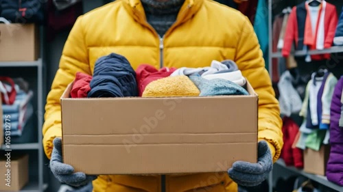 A guy carrying clothing and other items for charity in a cardboard box. 
