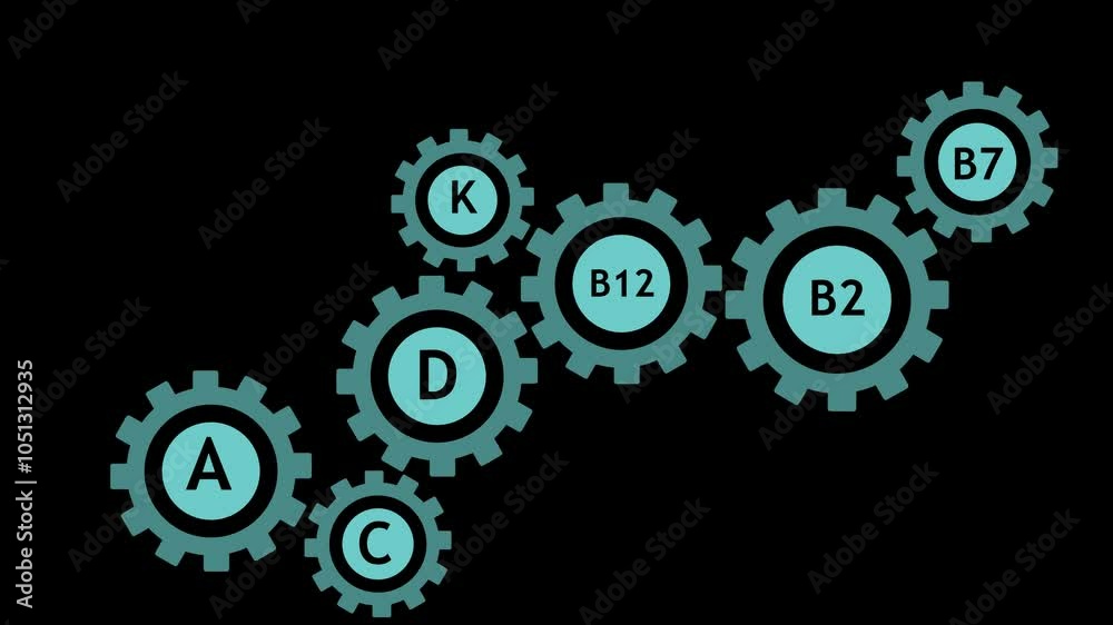 An animated series of rotating gears with the names of vitamins necessary for health. Cg An animated series of rotating gears with the names of vitamins necessary for health. Cg