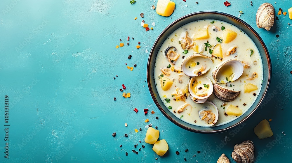 A bowl of creamy clam chowder with potatoes, herbs, and spices on a blue background. A bowl of creamy clam chowder with potatoes, herbs, and spices on a blue background.