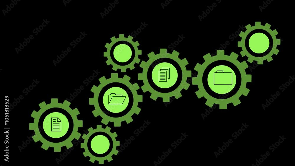 An animated row of spinning gears with symbols of the financial sector and blockchain technology on a black background. Cg An animated row of spinning gears with symbols of the financial sector and blockchain technology on a black background. Cg