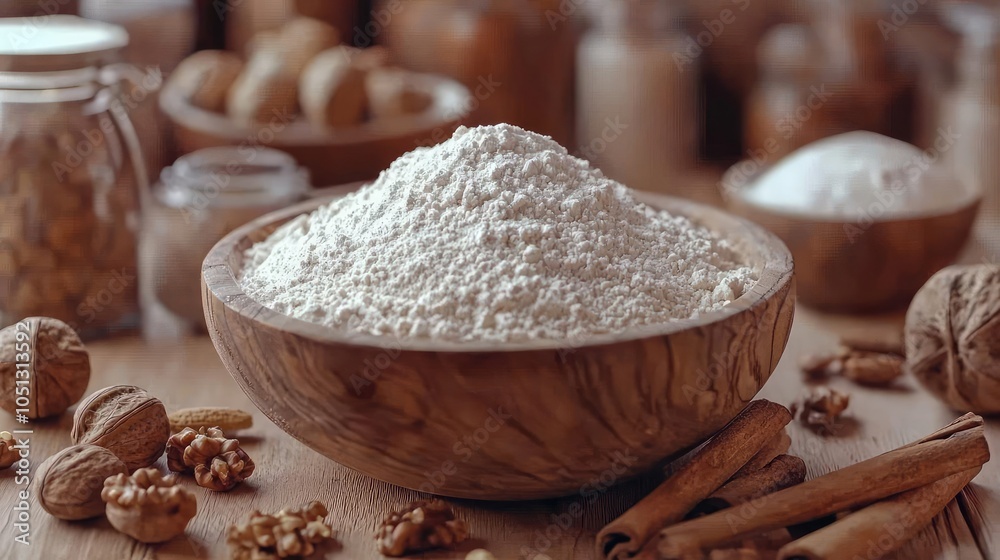 Bowl of flour with nuts and spices in a rustic kitchen setting. Bowl of flour with nuts and spices in a rustic kitchen setting.