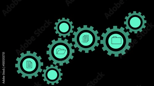 An animated row of spinning gears with symbols of the financial sector and blockchain technology on a black background. Cg