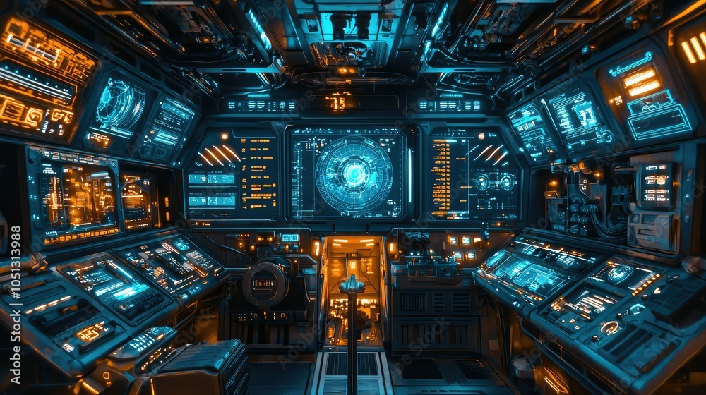High-Tech Interior View of a Futuristic Spaceship Bridge