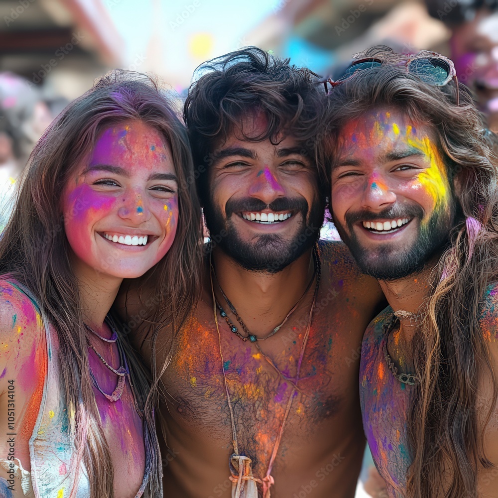 Fototapeta premium Group of friends covered in colorful powder, smiling and celebrating Holi