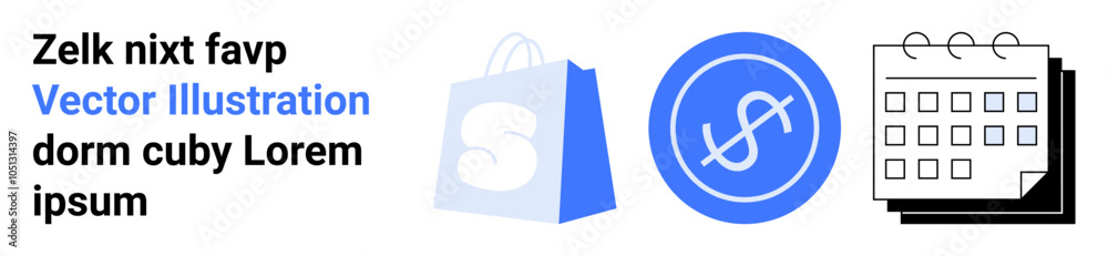 Shopping bag, currency symbol, and calendar represent e-commerce, financial transactions, and scheduling. Ideal for online retail, digital payments, organization, time management, and marketing