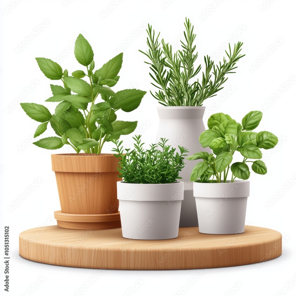 Fototapeta premium Kitchen garden setup, herbs in pots, vibrant green and sunlight, 3D illustration