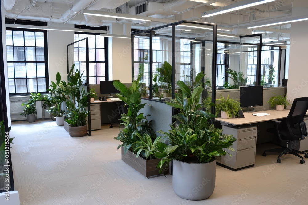Bright modern office featuring open workstations, glass dividers, and vibrant potted plants for a refreshing workspace. Bright modern office featuring open workstations, glass dividers, and vibrant potted plants for a refreshing workspace.