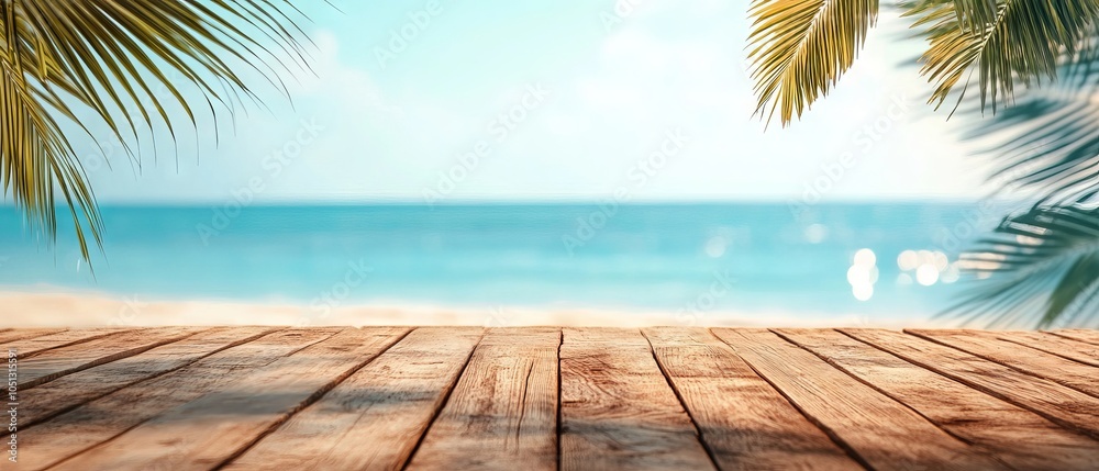 Wooden table top with seascape view and palm leaves, blurred bokeh light of calm ocean and clear sky at tropical beach. Perfect background for product display, summer vacation