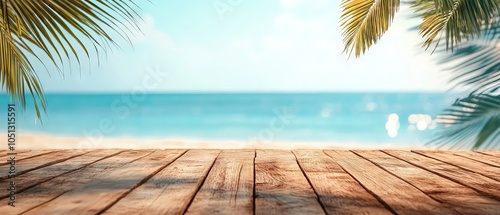 Obraz na płótnie Wooden table top with seascape view and palm leaves, blurred bokeh light of calm ocean and clear sky at tropical beach. Perfect background for product display, summer vacation w salonie