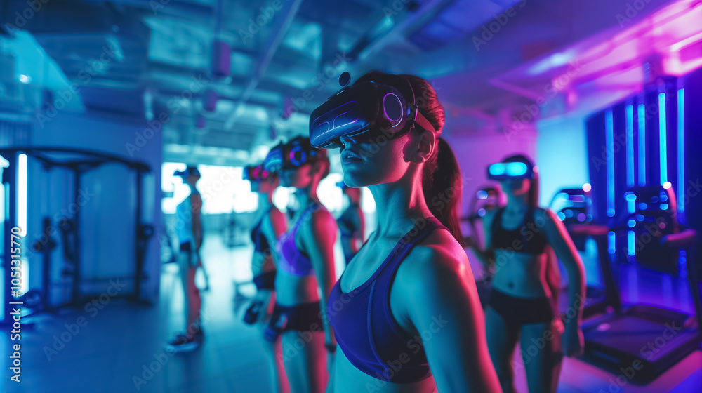 Virtual reality fitness gym where people use VR goggles and holographic guides for workouts. Virtual reality fitness gym where people use VR goggles and holographic guides for workouts.