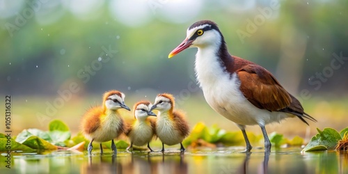 In a tranquil Costa Rican setting, a Northern Jacana gently guides its chicks through the minimalist landscape, basking in the stillness of a crisp morning. photo