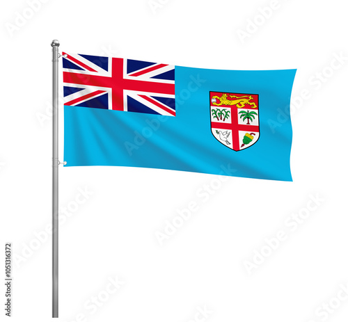 Fiji National flag waving in the wind on a silver pole, isolated on transparent