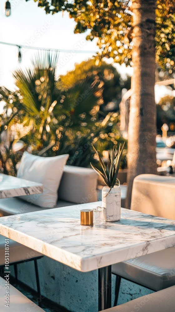 Fototapeta premium Chic Outdoor Lounge Area with Marble Tabletops