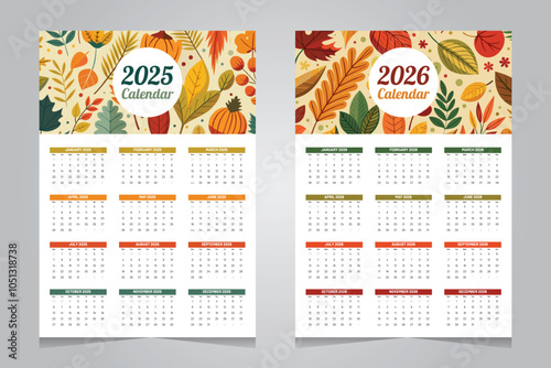 2025 and 2026 calendar design with floral leaves background