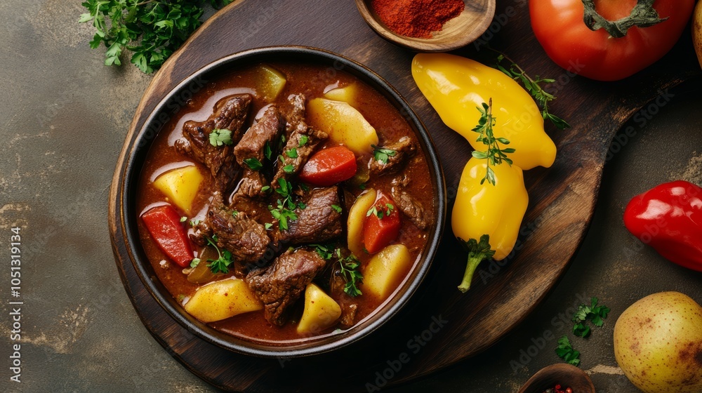 A bowl of hearty beef stew with potatoes, peppers, and tomatoes on a wooden cutting board. A bowl of hearty beef stew with potatoes, peppers, and tomatoes on a wooden cutting board.