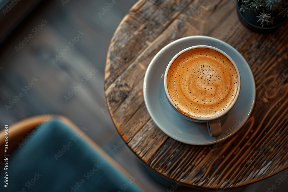 Cup of cappuccino coffee with latte art on wooden table in cafe, top ...
