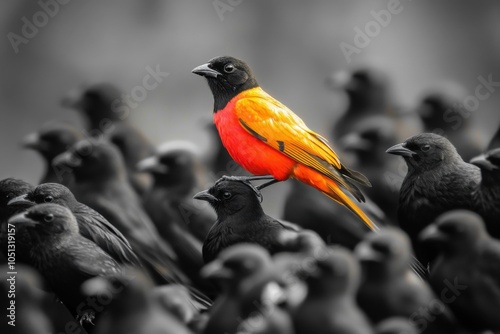 A vibrant bird above a flock of dark-colored birds, representing leadership, standing out, and being different in a competitive world