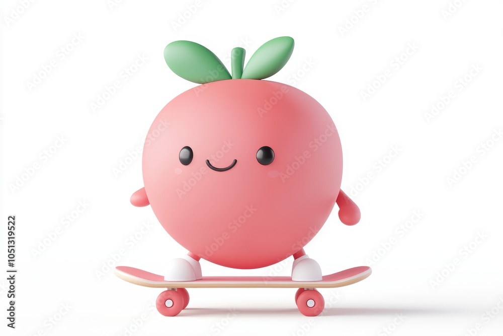Fototapeta premium Strawberry character riding a skateboard, urban park atmosphere, 3D illustration