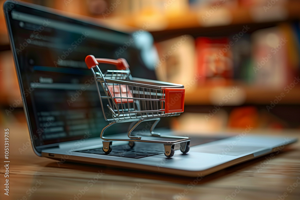 Creative Representation of Online Shopping with Miniature Shopping Cart on a Laptop Keyboard Creative Representation of Online Shopping with Miniature Shopping Cart on a Laptop Keyboard