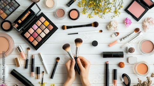 Beauty Blogger Makeup Setup with Brushes and Products photo