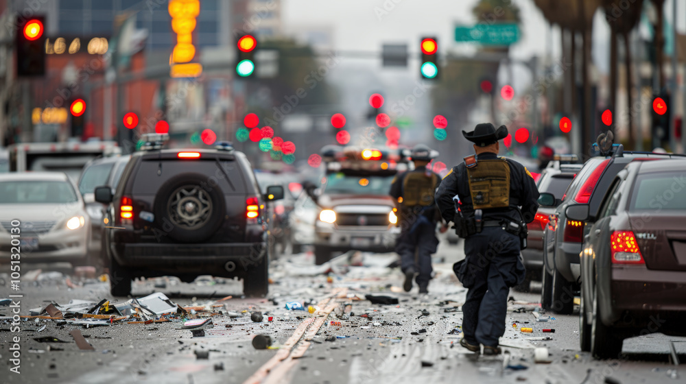 chaotic scene of rear end collision on congested street, with police officers managing aftermath amidst debris and traffic lights. atmosphere is tense and urgent chaotic scene of rear end collision on congested street, with police officers managing aftermath amidst debris and traffic lights. atmosphere is tense and urgent