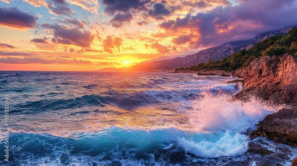 Serene Sunrise Over Coastal Cliffs with Waves Serene Sunrise Over Coastal Cliffs with Waves