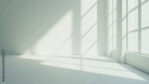 Minimalist white room with sunlight casting elongated window shadows