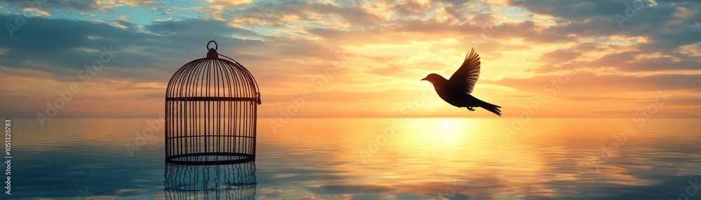 Naklejka premium Bird Soaring into the Sunset Sky Over Calm Ocean Waters with Empty Cage Symbolizing Freedom and New Beginnings