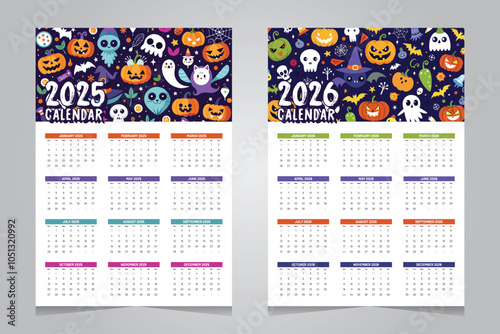 Calendar 2025 and 2026 design template halloween theme background