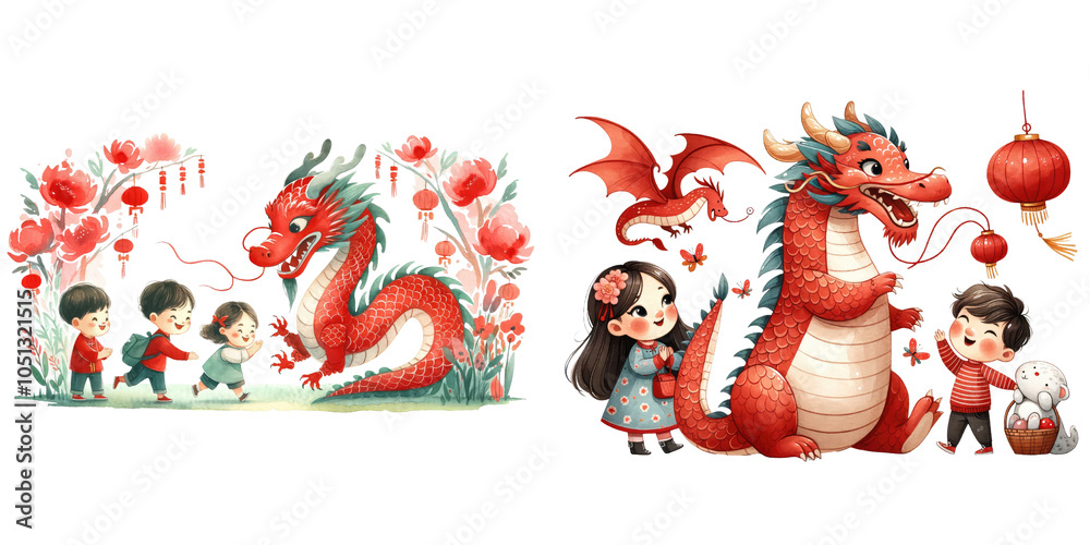 A vibrant illustration featuring joyful children interacting with a red dragon amidst floral decorations and lanterns, symbolizing celebration and fantasy., transparent background. A vibrant illustration featuring joyful children interacting with a red dragon amidst floral decorations and lanterns, symbolizing celebration and fantasy., transparent background.