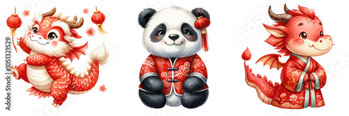 A colorful trio of cute animals: a dragon, a panda, and another dragon, all dressed in traditional attire, celebrating cultural festivities., transparent background.