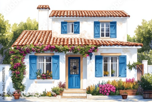 Mediterranean House with Blue Shutters and Flower Vines