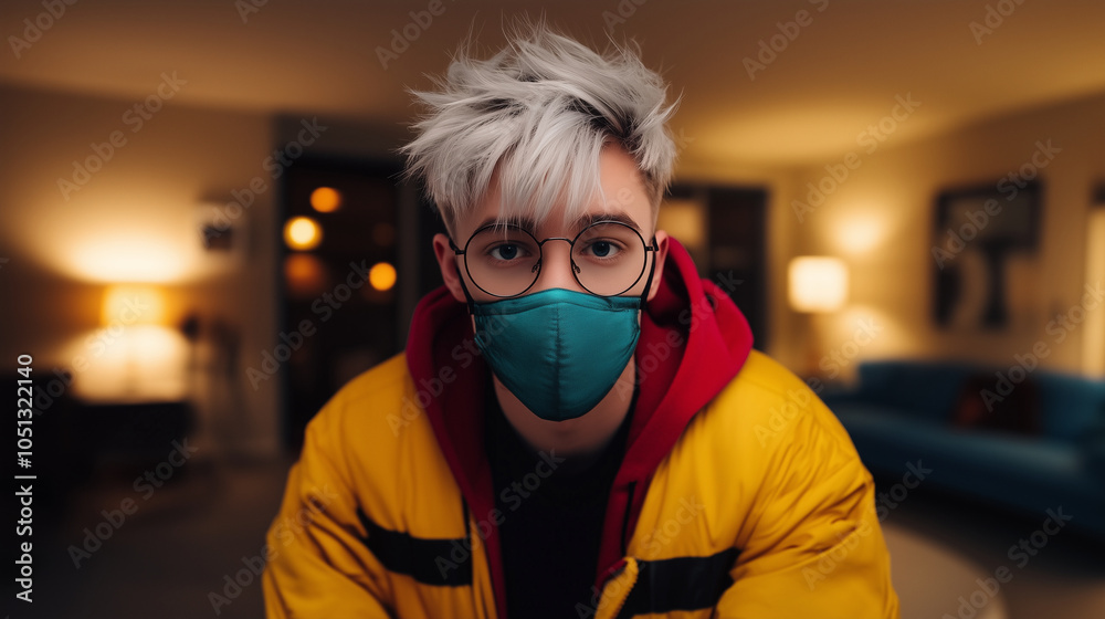 Young Asian guy with vibrant outfit, facemask, glasses, and sporting a hip dyed blond hairdo