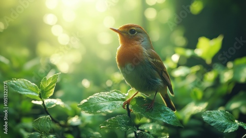 A small robin perched on a branch in a forest, bathed in the warm glow of morning sunlight.