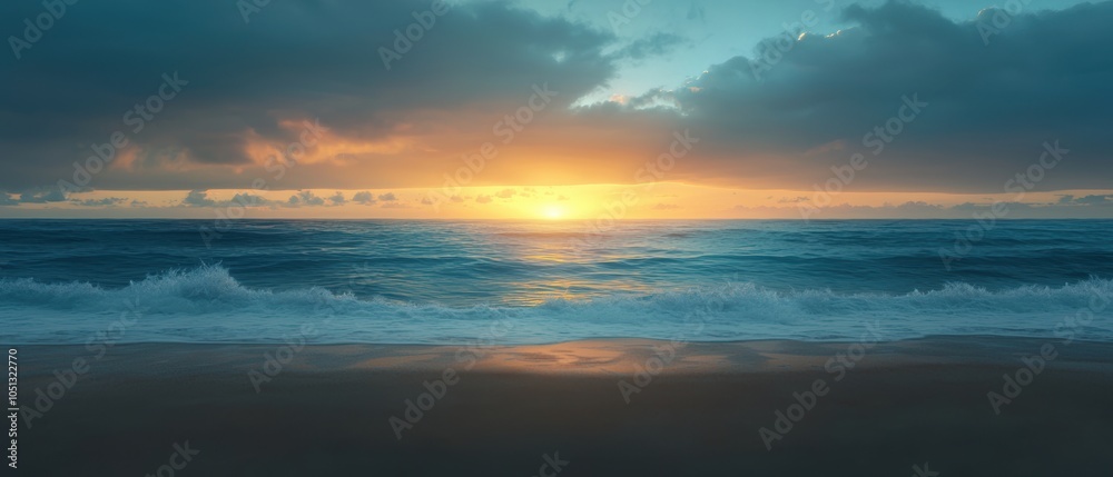 Fototapeta premium A serene beach scene at sunset with waves gently lapping the shore under a colorful sky.