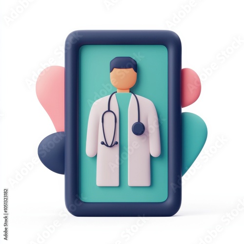 A colorful digital illustration of a doctor inside a smartphone frame, symbolizing telemedicine and healthcare technology.
