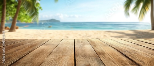 Long wooden table with a scenic beach landscape in the background, blurred view of coastal horizon on a sunny day