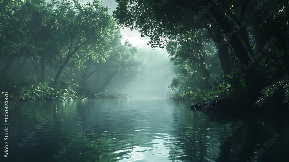 Obraz premium Mystical River in a Foggy Forest