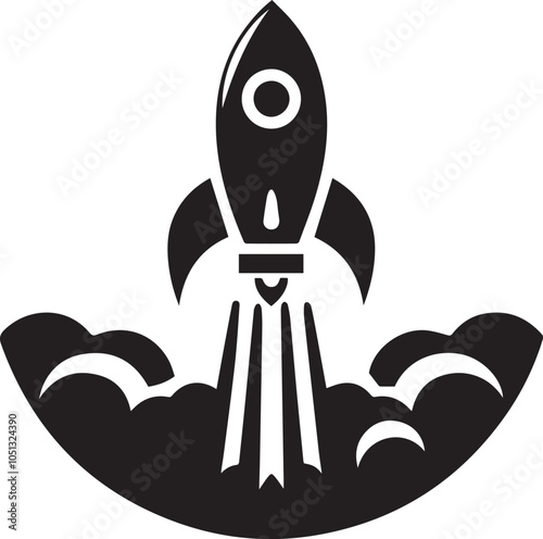 A minimalist black and white vector illustration of a space rocket icon. EPS File