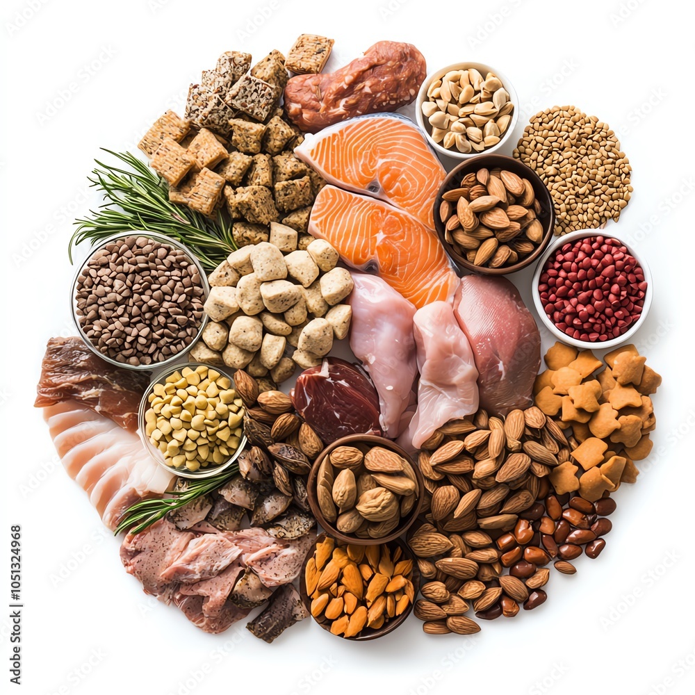Variety of raw meats, nuts, and grains arranged in a circular pattern on a white background. Variety of raw meats, nuts, and grains arranged in a circular pattern on a white background.