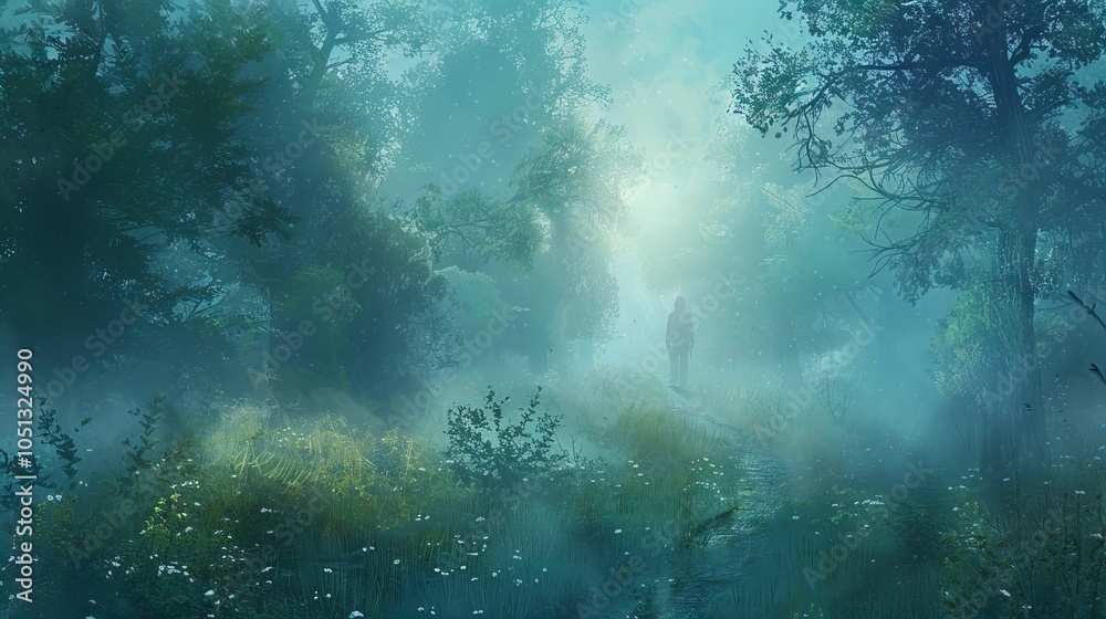 Fototapeta premium A person walking through a misty forest at dawn, following an unmarked trail, representing curiosity about the unknown path ahead, Curiosity