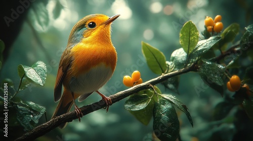 A small orange and blue bird perches on a branch with green leaves and yellow berries. photo