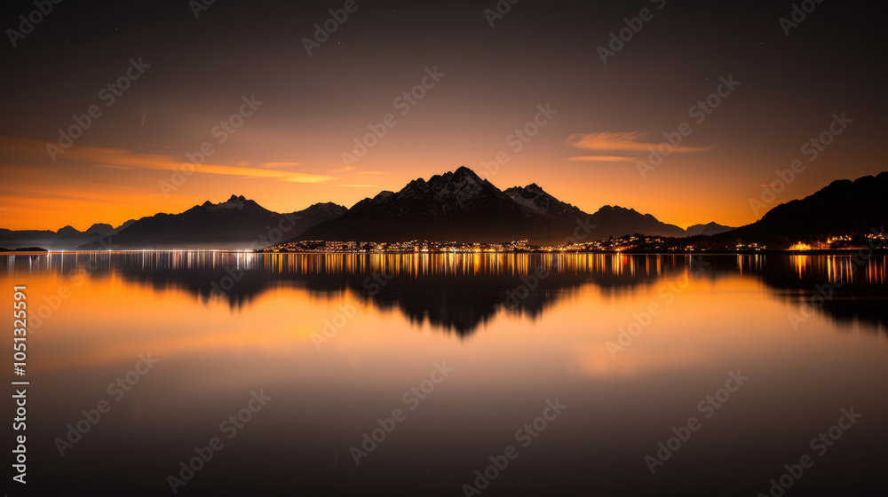 Obraz premium serene landscape featuring mountains reflecting in calm lake at sunset, with warm orange hues illuminating sky and water. tranquil scene evokes sense of peace and natural beauty