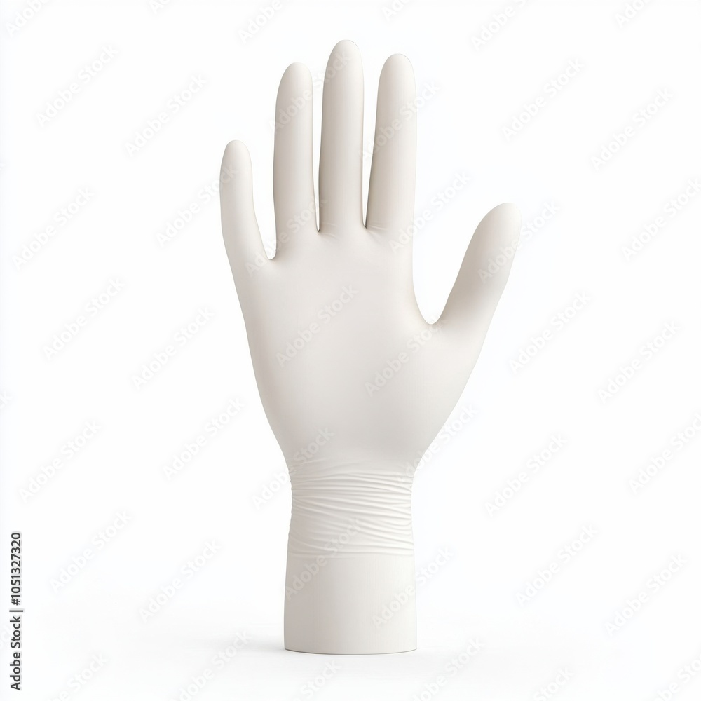 Obraz premium A clean, white disposable glove displayed upright, showcasing its smooth surface and finger structure, commonly used in medical and hygiene settings.