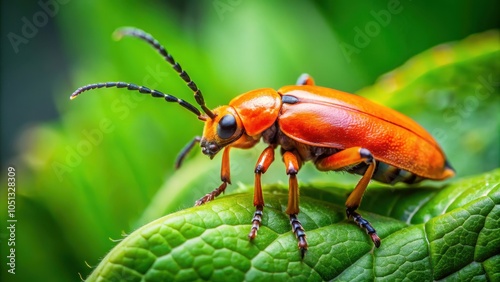 Close-up of bright orange beetle on green leaves with copy space, beetle, insect, orange, close-up, bush, green leaves, nature